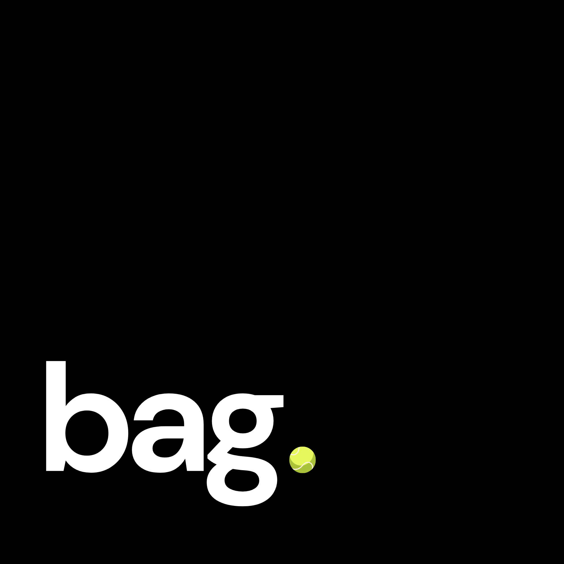 Black background with 'bag.' text and a yellow padel ball