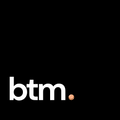 Logo with 'btm' text on a black background