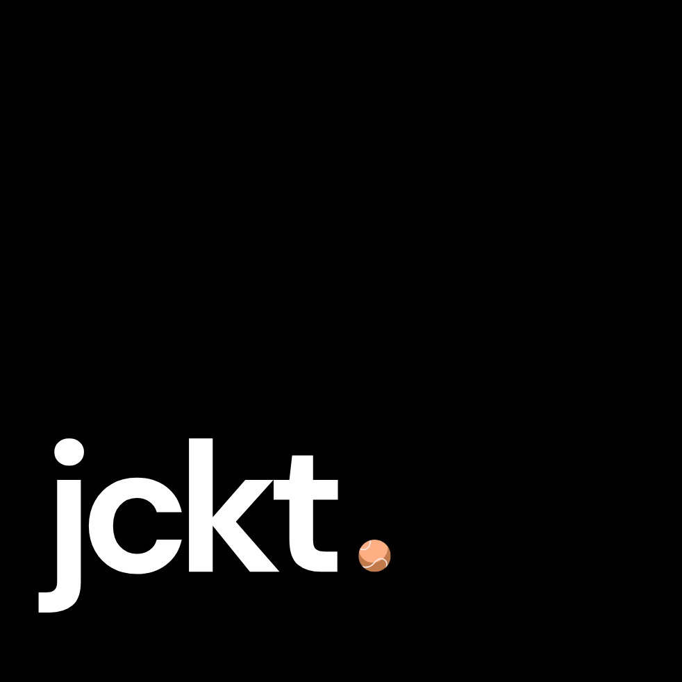 White text 'jckt.' with a orange padel call on a black background